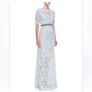Teri Jon Sky Blue Floral Lace Maxi Gown with Beaded Waist